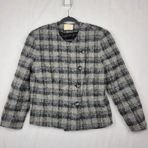 VTG Pendleton Jacket Women 12 Gray Black Plaid Lined 100% Virgin Wool Blazer
